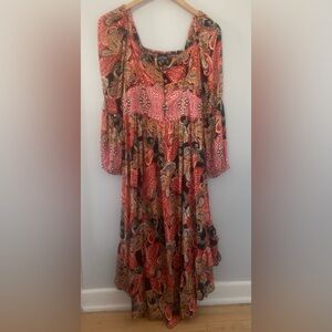 Angie boho hippie goblin witchy paisley peasant corset waist bell sleeve maxi S